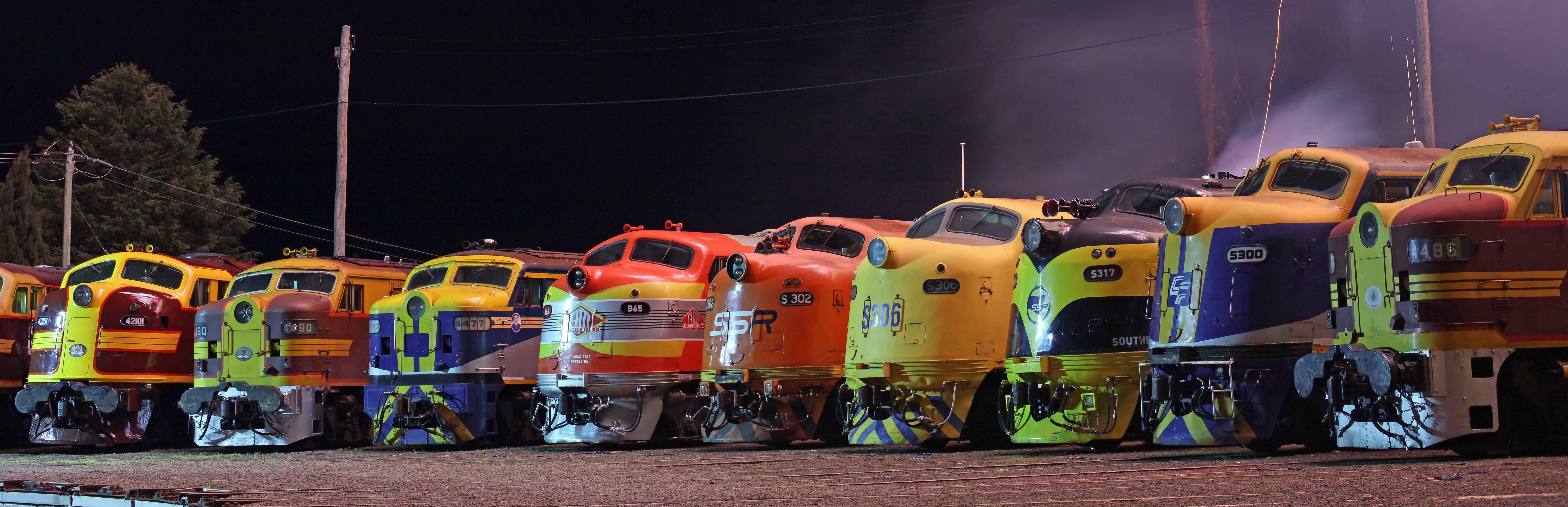 During the night of 1 October 2016 the Streamliners 2016 event in Goulburn (Australia) the following bulldog noses were amongst others enjoying some attention (from left to right): Lachlan Valley Railway 4204;The Heritage Locomotive Company 42101;Transport Heritage NSW 4490;Qube 4477;SSR B65;SSR S302;PN S306;SSR S317;CF Rail Services S300;Lachlan Alco Group 4486.